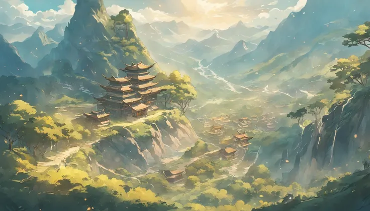 Ancient Chinese landscapes，mountain ranges，rios，Farming, field, Tano, Auspicious clouds，rays of sunshine，tmasterpiece，super detailing，Epic composition，hyper HD，high qulity，extremely detaile，offcial art，Unity8k wallpapers，super detailing，Intentional realm, ...