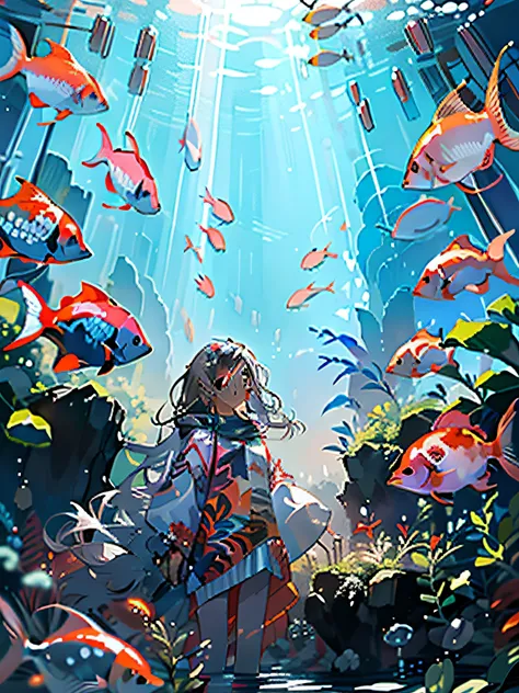 Little girl swimming in the sea，long whitr hair，Koi are swimming，Real light，Ray traching，oc rendered，Hyper-realistic，best qualtiy，8K，Works of masters