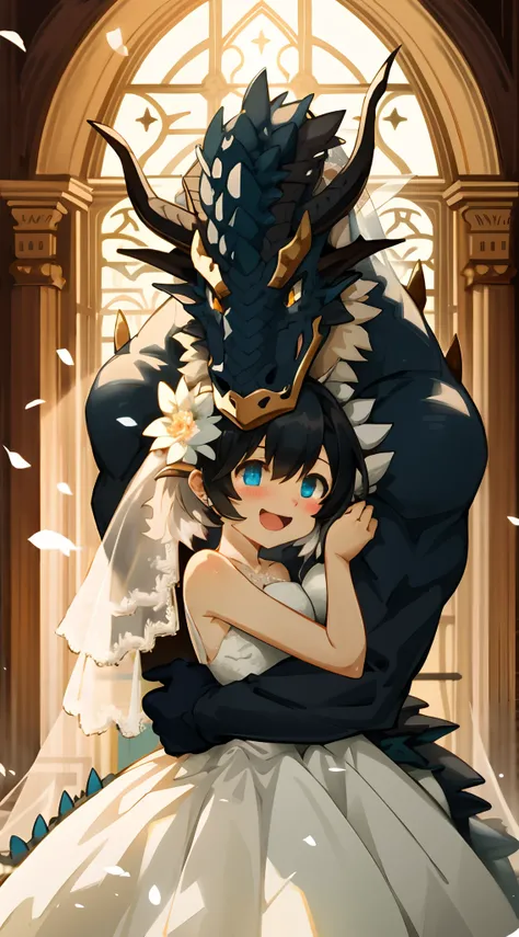 highres, top quality, best quality, paid reward available, High-quality illustrations, unparalleled masterpiece, official art, absurdres, height difference, large dragon hugs girl((wedding Photo of a Dragon and human child girl))girl, wedding dress, girl h...