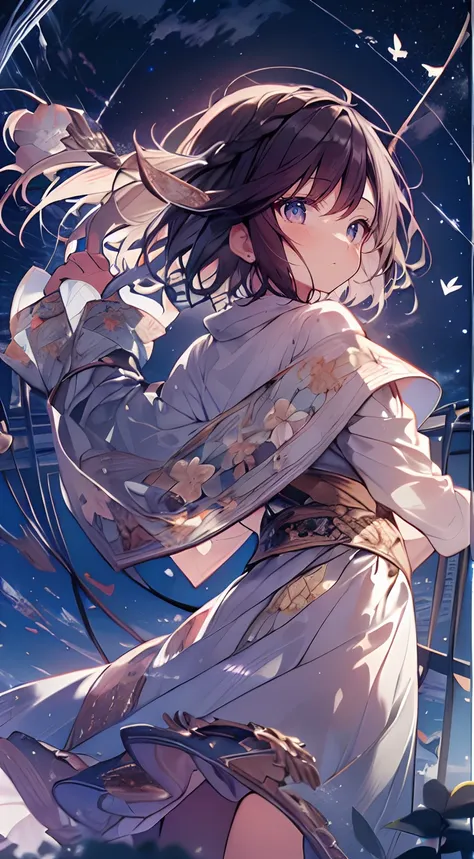 masutepiece, Best Quality,Illustration, Wallpaper, Ultra Detail, Absurd beauty、1 beautiful girl、 (Medium short hair、short braided hair), Beautiful ultra-detailed eyes , Hair fluttering in the wind、Smaller head、Beautiful night sky