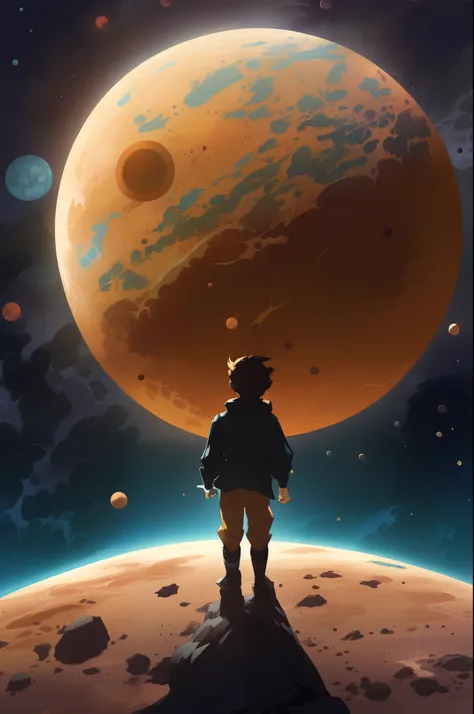 illustration of a boy standing on a planet looking at the planets, cyril rolando and goro fujita, inspired by Cyril Rolando, cyril rolando and m. w kaluta, cyril rolando and m.w kaluta, standing in the solar system, beeple and jeremiah ketner, standing in ...