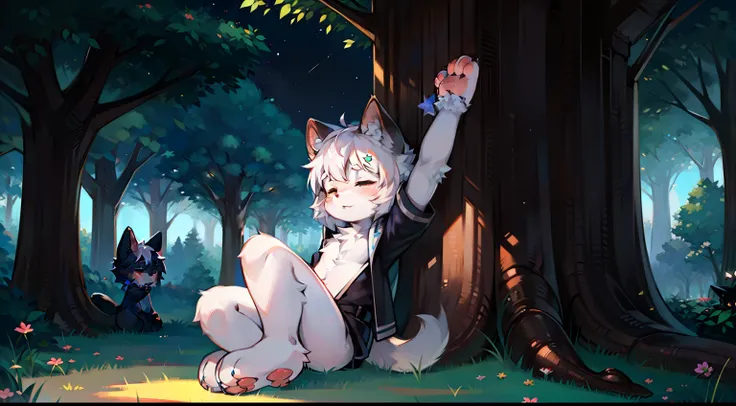 Furry mascot，Lovely image，A black cat，Paw pads， Cute little animals，Fluffy tail，Furry Fur，Cute little animals，Fluffy tail，White hair，Sitting alone under a tree，leaning against the tree trunk，On the lawn of the park，Cubs，is in night，nigh sky, stars，Close-up...