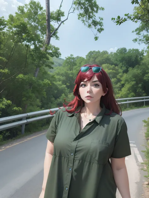 there is a woman standing on a road, in front of a forest background, with green shirt, red hair