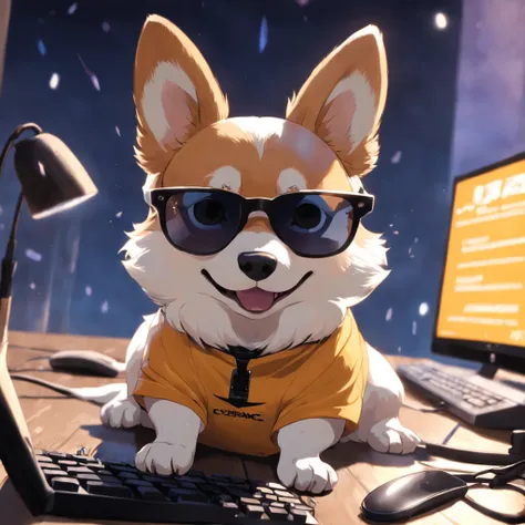 master part, um corgi, estilo matricial, casaco Preto, digitando num teclado, sentado em uma cadeira na frente do MAC, sun glasses, Dynamic angle, best quality, 4k,