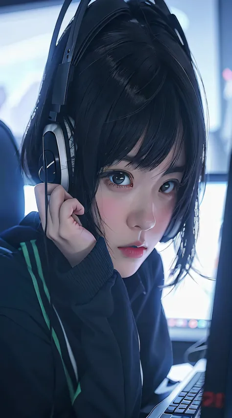 Anime girl looking at computer screen wearing headphones, style of anime4 K, Guviz-style artwork, Anime style. 8K, Guviz, Digital anime art, a beautiful anime portrait, portrait anime girl, Beautiful anime girl, Digital anime illustration, Ilya Kuvshinov. ...