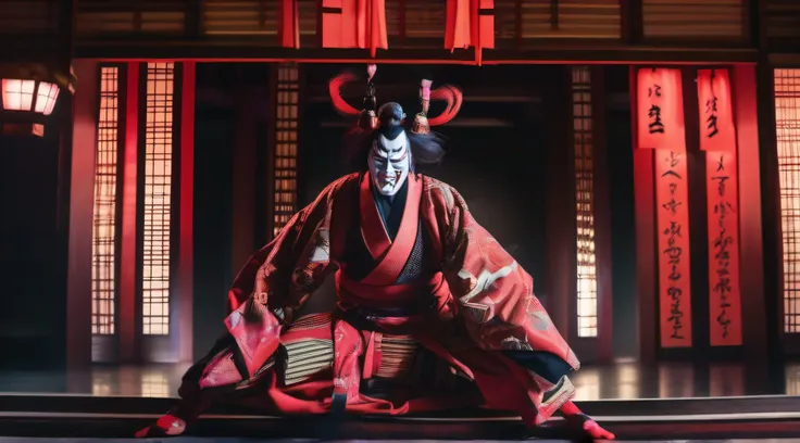 Kabukiza,Kabuki actor,ember,male people,Kime Pose,Long hair,Scary face,The background is the stage,a cool,realisitic,a picture,