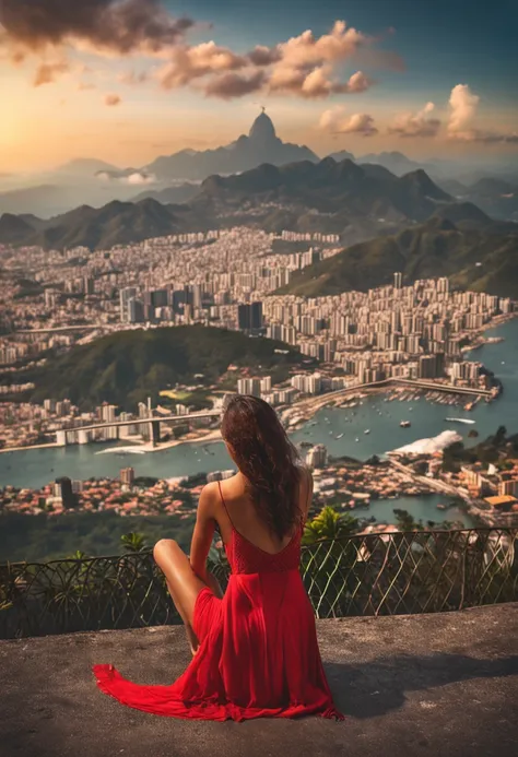 (Best quality, 8k, Masterpiece :1.2), hyper realistic, an red Ferrari 488 at a montain, city of rio de janeiro Brazil in background, The Redeemer Christ view, and a beautifull brown hair girl with sport clothes looking at landscape