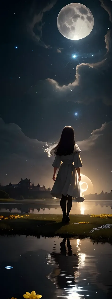 One in a white dress(bit girl:1.5)Look up at the stars，(Stand on the shore:1.1)，at the lakes，facing away from the audience，Dark black(Long flowing hair:1.2)，The vast night sky has many shining stars，(A round of brilliance(themoon:1.2)Hang high in the night...