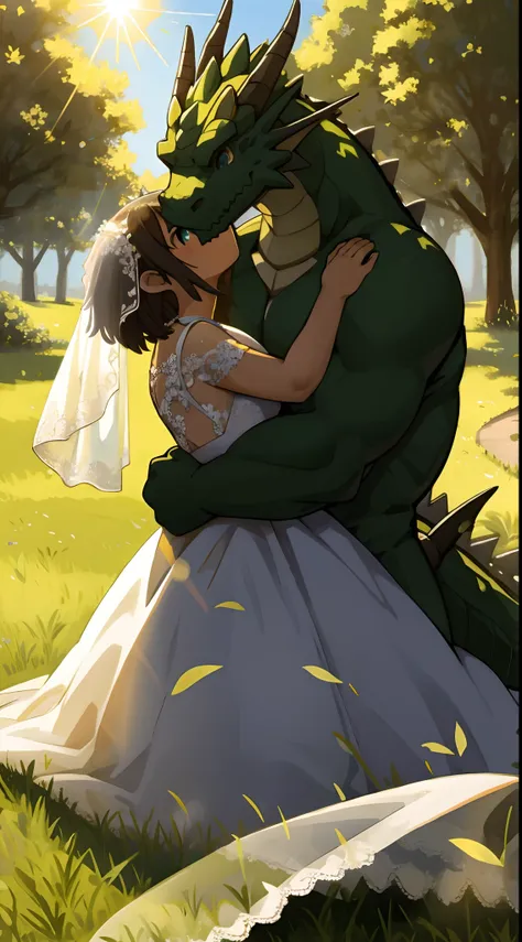 highres, top quality, best quality, paid reward available, High-quality illustrations, unparalleled masterpiece, grass field, absurdres, height difference, large dragon hugs girl((wedding Photo of a Dragon and human child girl))girl, wedding dress, girl hu...