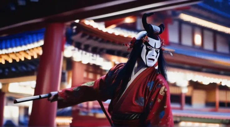 Kabukiza,Kabuki actor,ember,male people,Kime Pose,Long hair,Scary face,The background is the stage,a cool,realisitic,a picture,