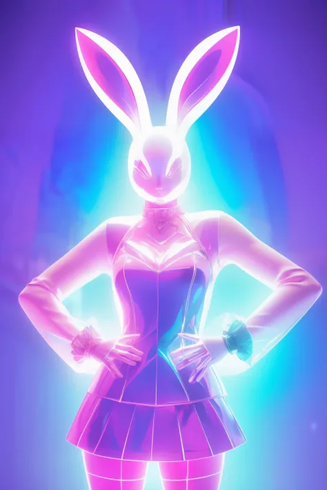 (((edgBunny)))，A woman of outstanding figure，Wear a nice miniskirt，Leaking out of both shoulders，jewely，3D,Amazing work，Vitreous luster,((clean backdrop))，High gloss，blue colors，In pink，cyan colors，red colour