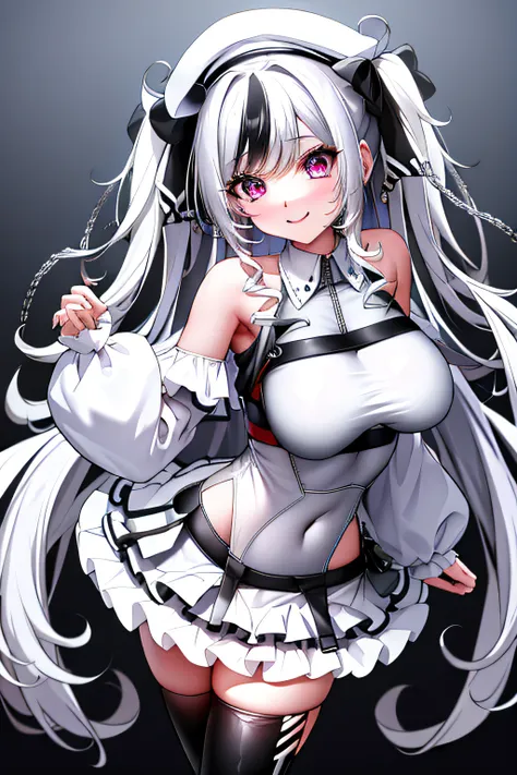 white costume、lori jk suit、the background is a ruined city、navel out、beautiful hair、black knee high socks、i don't need a hat、a l...