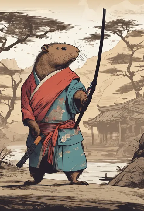 a samurai capybara standing holding a katana and a straw hat