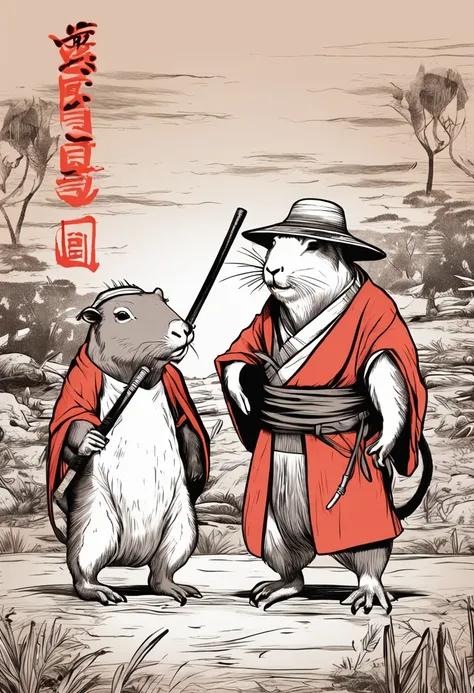 a samurai capybara standing holding a katana and a straw hat