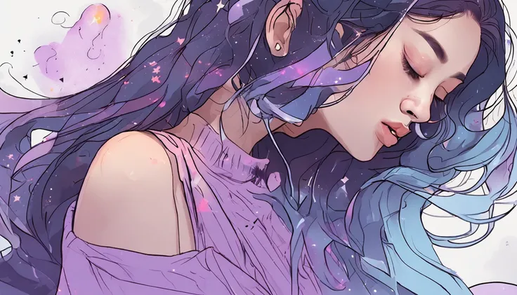 Half of a Korean girl, Features realistic stroke styles and pastel colors using a purple and blue palette, With cosmos as a background and stars.