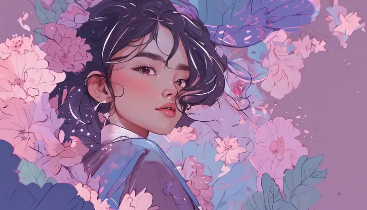 Half of a Korean girl, Features realistic stroke styles and pastel colors using a purple and blue palette, With cosmos as a background and stars.