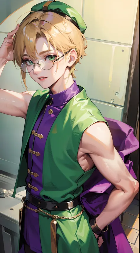 young boy, short blonde hair, Green eyes, Purple robe, Sleeveless, Shorts, pilots glasses on his head, ssmile, Masterpiece, hiquality