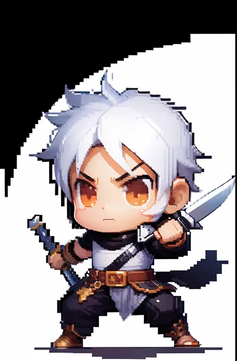 (Solo,Full body,Standing,pixel art,Chibi,Male swordsman),(White background:1.4),( Clear lines, High Sharpness,Best Quality, Very detailed, masutepiece, Anime )