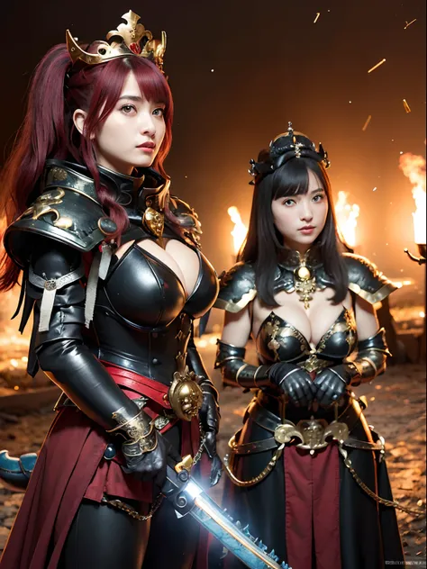 (masutepiece), Professional , ​masterpiece、top-quality、photos realistic , depth of fields 、（Dragon Black Metal Body:1.９),(Enamel blue-black、（cleavage of the breast）、Dragon Gold Weapon（Dragon Metal Body:1.４),Gorgeous gold weapons ,（（ Dragons dense and gorge...