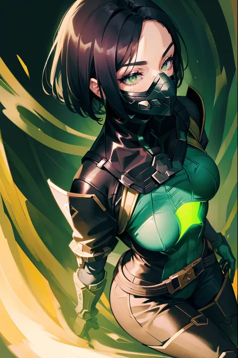 masterpiece, best quality, valorantViper, bodysuit, gloves, belt, thigh boots, respirator, looking at viewer, face, portrait, close-up, glowing eyes, green smoke, black background