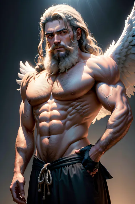 homem bonito com barba e cabelo longo, arms outstretched. (asas nas costas , half angel half demon) Fundo crepuscular, luz iluminando a pessoa. imagem 8k ultrarrealista (Very high resolution, piece of master: 1.3)