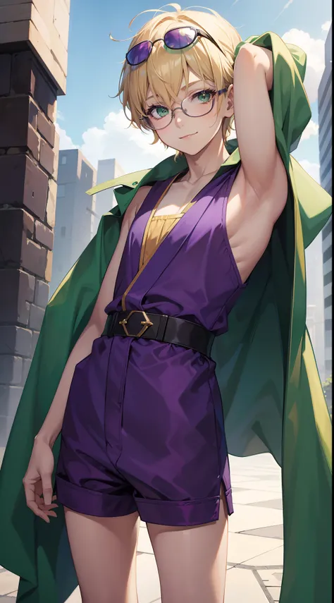 young boy, short blonde hair, Green eyes, Purple robe, Sleeveless, Shorts, pilots glasses on his head, ssmile, Masterpiece, hiquality