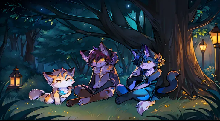 There are three cats sitting under a tree in the woods, cozy night fireflies, night in the forest, official fanart, Detailed fanart, commissions for, commission for high resolution, Evening parties, In the forest at night, warrior cats fan art, very very b...