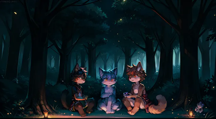 There are three cats sitting under a tree in the woods, cozy night fireflies, night in the forest, official fanart, Detailed fanart, commissions for, commission for high resolution, Evening parties, In the forest at night, warrior cats fan art, very very b...