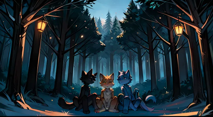 Furry mascot，Lovely image，There are three cats sitting under a tree in the woods, cozy night fireflies, night in the forest, official fanart, Detailed fanart, commissions for, commission for high resolution, Evening parties, In the forest at night, warrior...