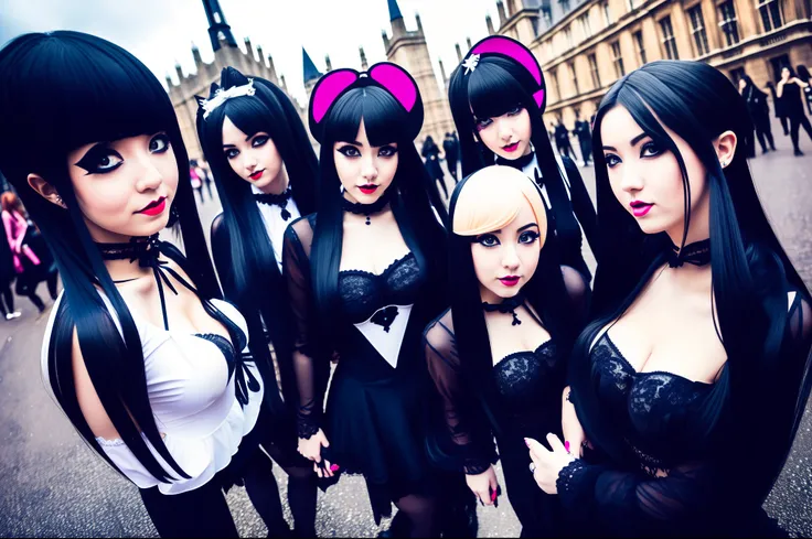 (obra maestra) (La mejor calidad) A selfie of several gothic-looking kawaii women on a London street. are young, alegre y me encanta hacer bromas en las fotos.