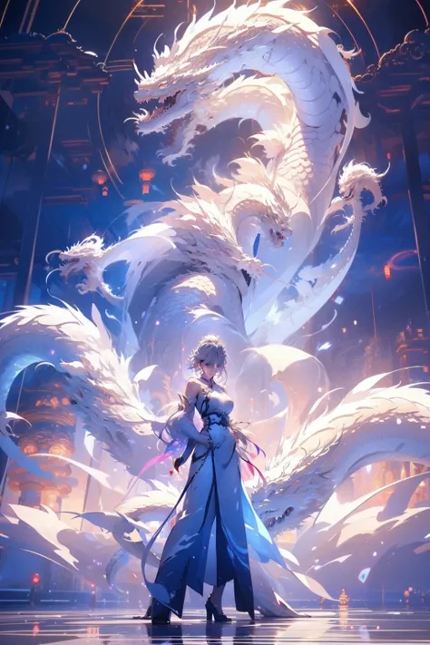 (((White dragon)))，chinesedragon，(((Behind it is a huge Chinese dragon)))，A woman of outstanding figure，Wear a nice miniskirt，Leaking out of both shoulders，jewely，Amazing work，Vitreous luster,clean backdrop，High gloss，blue colors，In pink，cyan colors，red co...