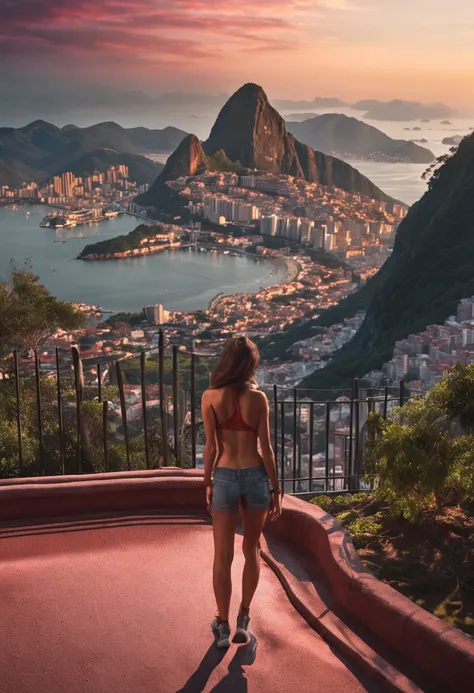 (Best quality, 8k, Masterpiece :1.2), hyper realistic, city of Rio de Janeiro Brazil, at a mountain, an detailed red Ferrari 488, Redeemer Christ in the background, a beautiful brown hair girl in sport clothes looking at landscape