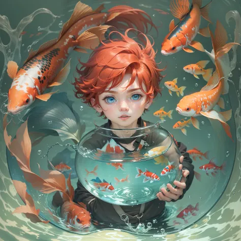 A caucasian boy with red hair and blue eyes holding a fish bowl with a koi fish swimming in it