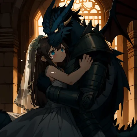 highres, top quality, best quality, paid reward available, High-quality illustrations, unparalleled masterpiece, The Decaying Demon Kings Castle, absurdres, height difference, large demon hugs girl((wedding Photo of a Dragon and human child girl))Female Wa...