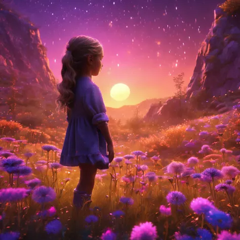 Expansive landscape photograph, (view from below with a view of the sky and the wilderness below), little girl standing in a flower field looking up, (full moon: 1.2), (shooting star: 0.9), (nebula: 1.3), distant mountain, tree break production art, (warm ...