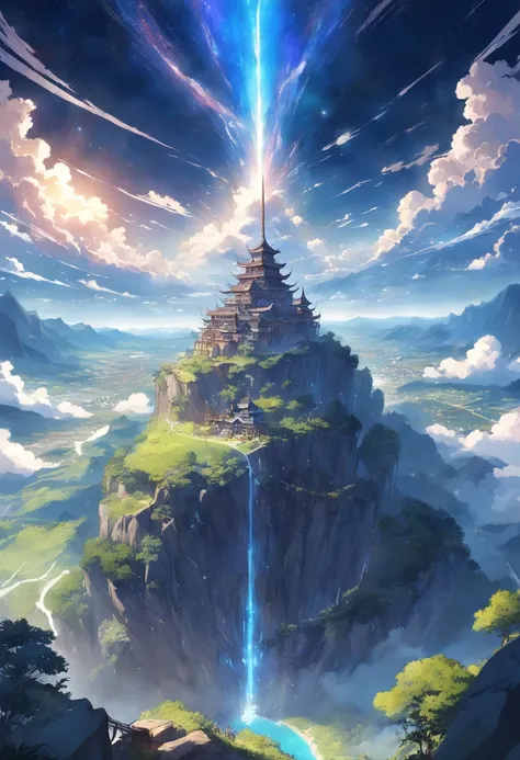 Faraway view、landscapes、vanishing point、Outrageous resolution、hight resolution、ultra-detailliert、The upper half is the sky、Below is the ground、Bright atmosphere、Fantasia、、、clean blue sky、sunlight shining、Lots of stars、beautiful  lighting、Bright lighting、So...