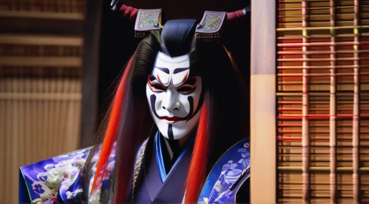 Kabukiza,Kabuki actor,ember,male people,Kime Pose,Long hair,Scary face,The background is the stage,a cool,realisitic,a picture,