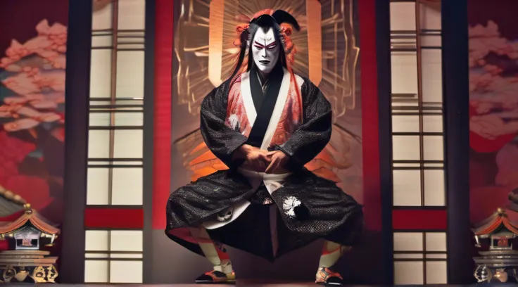 Kabukiza,Kabuki actor,ember,male people,Kime Pose,Long hair,Scary face,The background is the stage,a cool,realisitic,a picture,