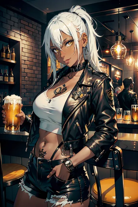 girl, white hair, black skin, yellow eyes, black skin, wears black leather jacket, white shirt, short jeans in a bar, holding a beer mug, tattoed arm, ,smiling, biker gang in the background, alcohol, face drunk, 4k, good anatomy, play master, detailed face...