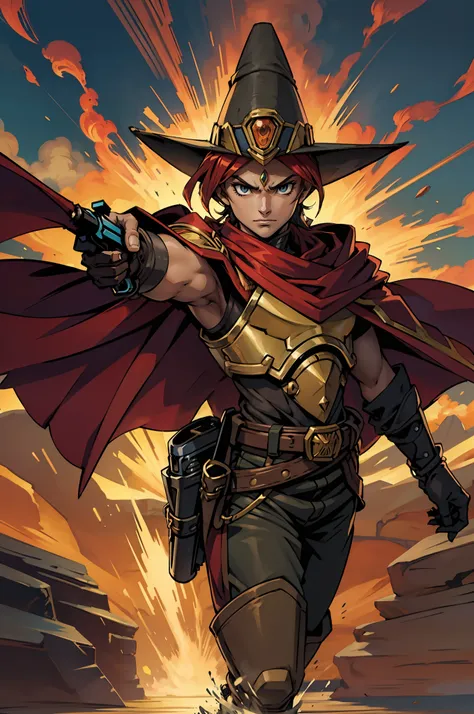 obra-prima, personagem de anime, yu-gi-oh! card art, imagem carta de yu-gi-oh! art para carta, 1cowboy com manto vermeho, gun in...