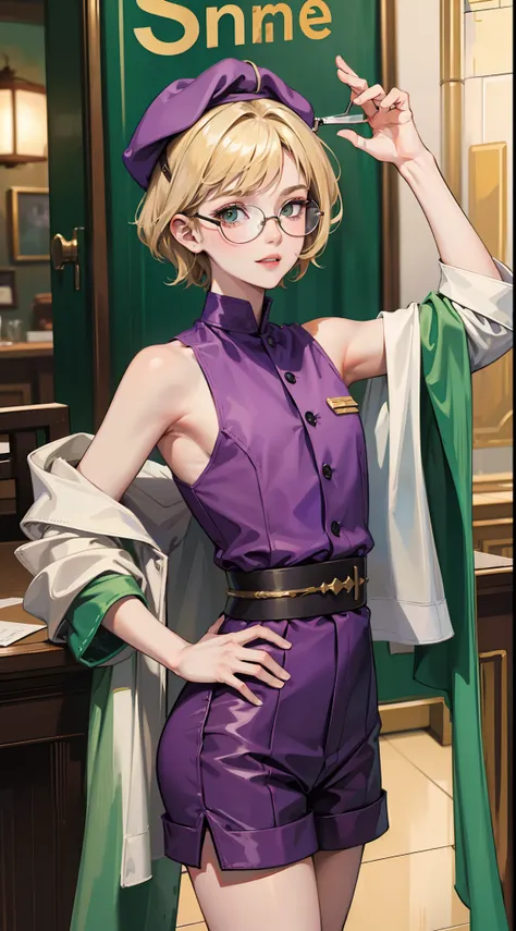 young boy, short blonde hair, Green eyes, Purple robe, Sleeveless, Shorts, pilots glasses on his head, ssmile, Masterpiece, hiquality