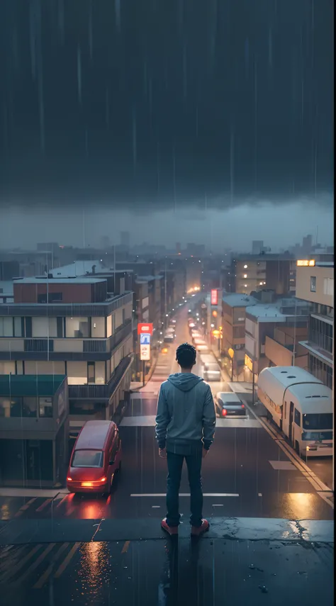 A 18 year old boy standing on the middle of main road, seeing on the city side,back view, Rain, cinematic lighting, city, metrocity, colorful, evening view, poor boy, middle class boy, full body, 10m distance of the camera, lower camera angle, Realistic, U...