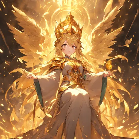 The female pope wears a golden crown and a phoenix robe,holding a phoenix scepter and a magic bok. She is surounded by a dazling display of gold coins and has long golden hair