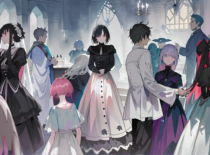 High quality super detailing masterpiece gothic style anime manga watercolor cool colors dramatic lighting picturesqueness soft colors medieval perfect face perfect poses banquet hall dark dress pallor high detail people in the banquet hall talking to each...