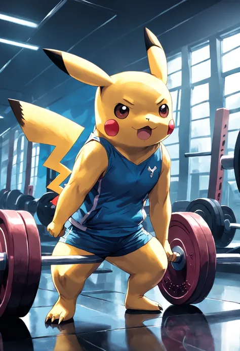 Pikachu doing intensive weight training at the gym.