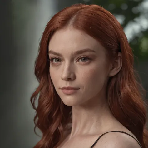 Facing the camera, olhando para frente (Professional 3D rendering:1.3) de (Realistic:1.3) foto de arte mais bonita do mundo，mulher ruiva , (( epic fantasy elegant woman universe movies riverdale netflix, long red hair pale ginger clothes moss green and bla...