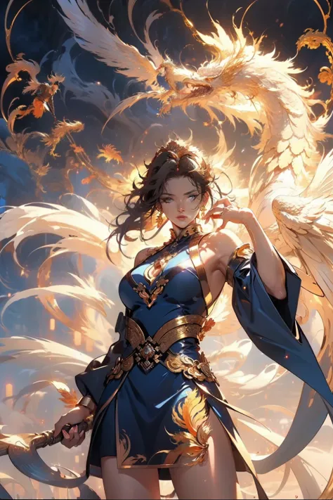 (((Golden Phoenix)))，Chinese Phoenix，(((Behind it is a huge phoenix)))，A woman of outstanding figure，Wear a nice miniskirt，Leaking out of both shoulders，jewely，Amazing work，Vitreous luster,clean backdrop，High gloss，blue colors，In pink，cyan colors，red colou...