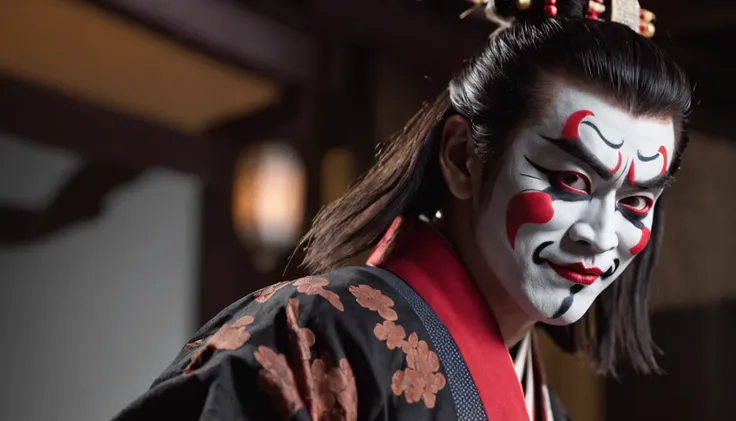 Kabukiza,Kabuki actor,ember,male people,Kime Pose,Long hair,Scary face,The background is the stage,a cool,realisitic,a picture,