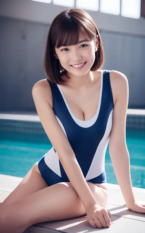 Competitive swimsuit、beautiful japanese female、、Raw photography、(realisitic:1.3)、(beautiful and alluring:1.4)、Legs open、Miceron Hair　Inter-strands、Physical education sitting、Cute smile、highleg、エロ