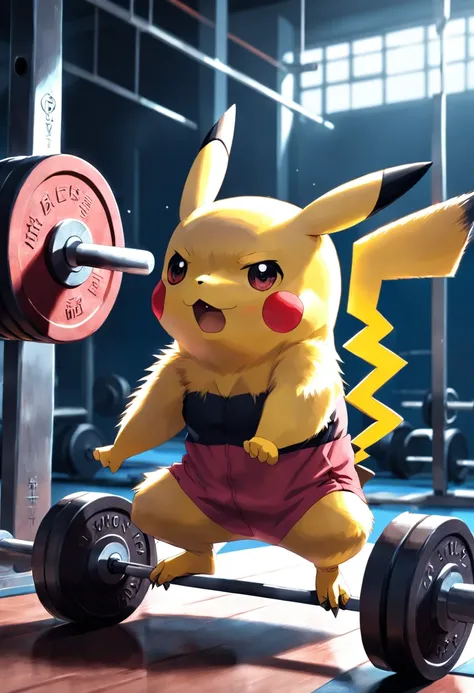 Pikachu performing intense weightlifting exercises at the gym.